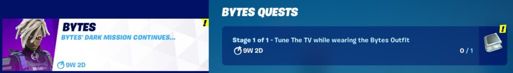 Bytes Quests Stage 1 of 1 - Tune the TV while wearing the Bytes Outfit Bytes Quests Stage 1 of 1 - Tune the TV while wearing the Bytes Outfit