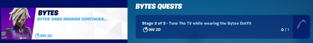 Bytes Quests Stage 2 of 2 - Tune the TV while wearing the Bytes Outfit Bytes Quests Stage 2 of 2 - Tune the TV while wearing the Bytes Outfit