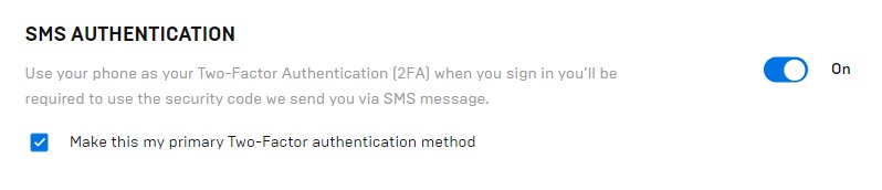 Epic Games Account for Fortnite - SMS Authentication is ON